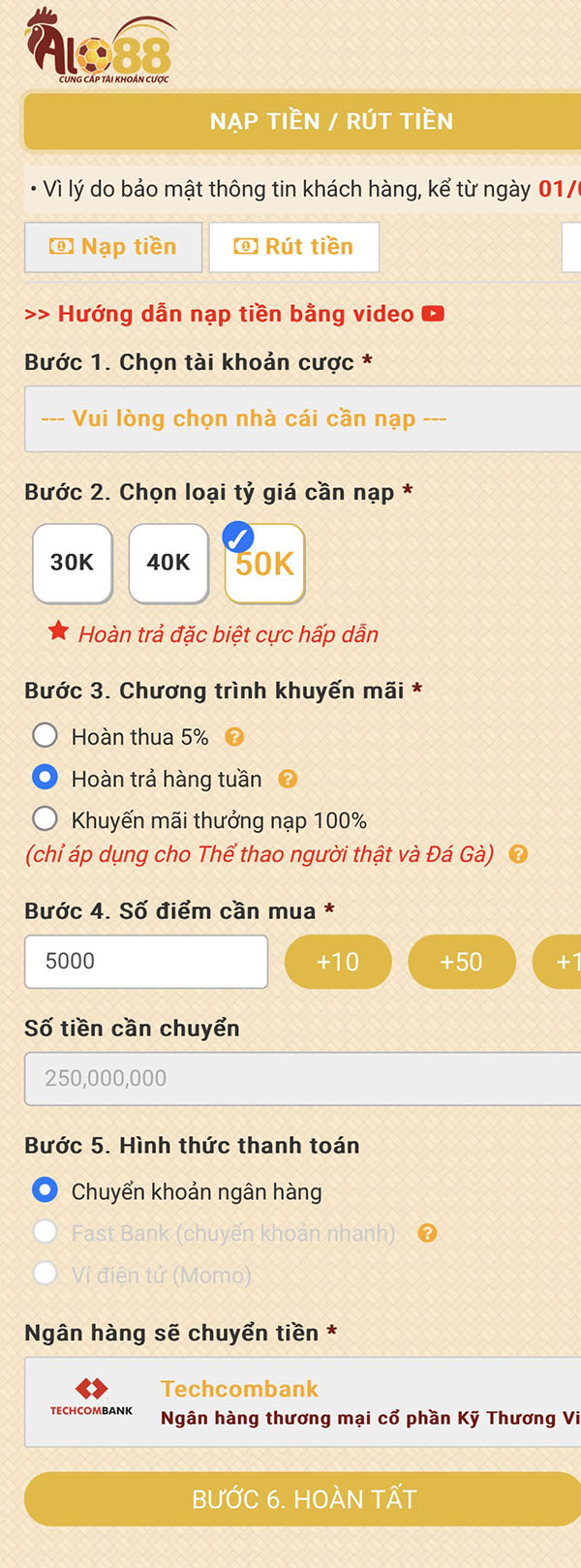 Nạp tiền vào Viva88